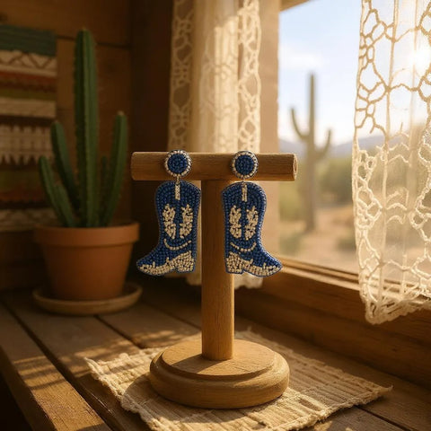 Cowgirl Boots Beaded Earrings, Vibrant Blue & White 2.5" Statement Jewelry for Western Style Lovers, Perfect Gift for Her Chic Earrings