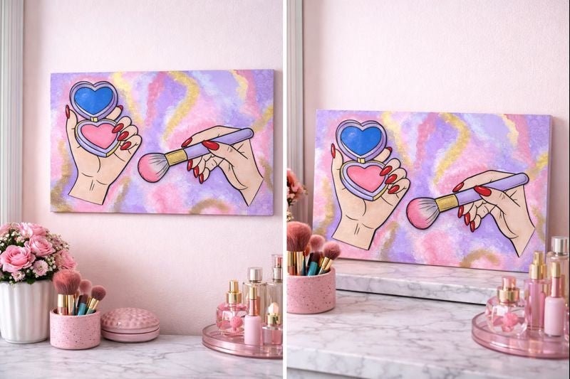 Pop Art Makeup Hands Wood Wall Art, Glam Vanity Decor, Pink Purple Beauty Sign, Modern Feminine Home Accent - Nifty Decor & More