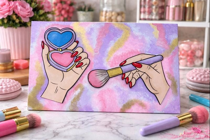 Pop Art Makeup Hands Wood Wall Art, Glam Vanity Decor, Pink Purple Beauty Sign, Modern Feminine Home Accent Wood Wall Art