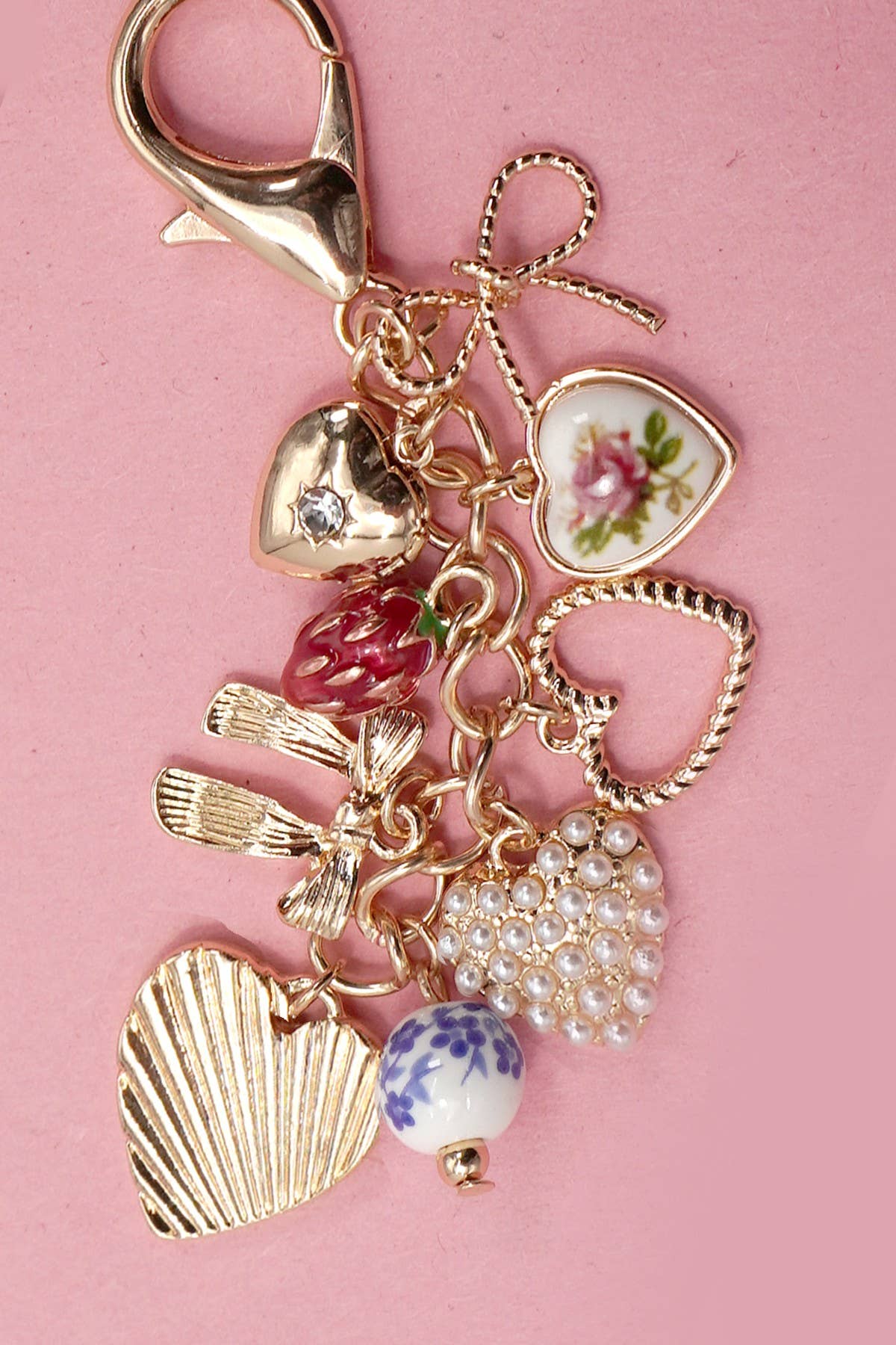 Porcelain Bows Hearts Pearl Strawberry Bag Charm - Nifty Decor & More