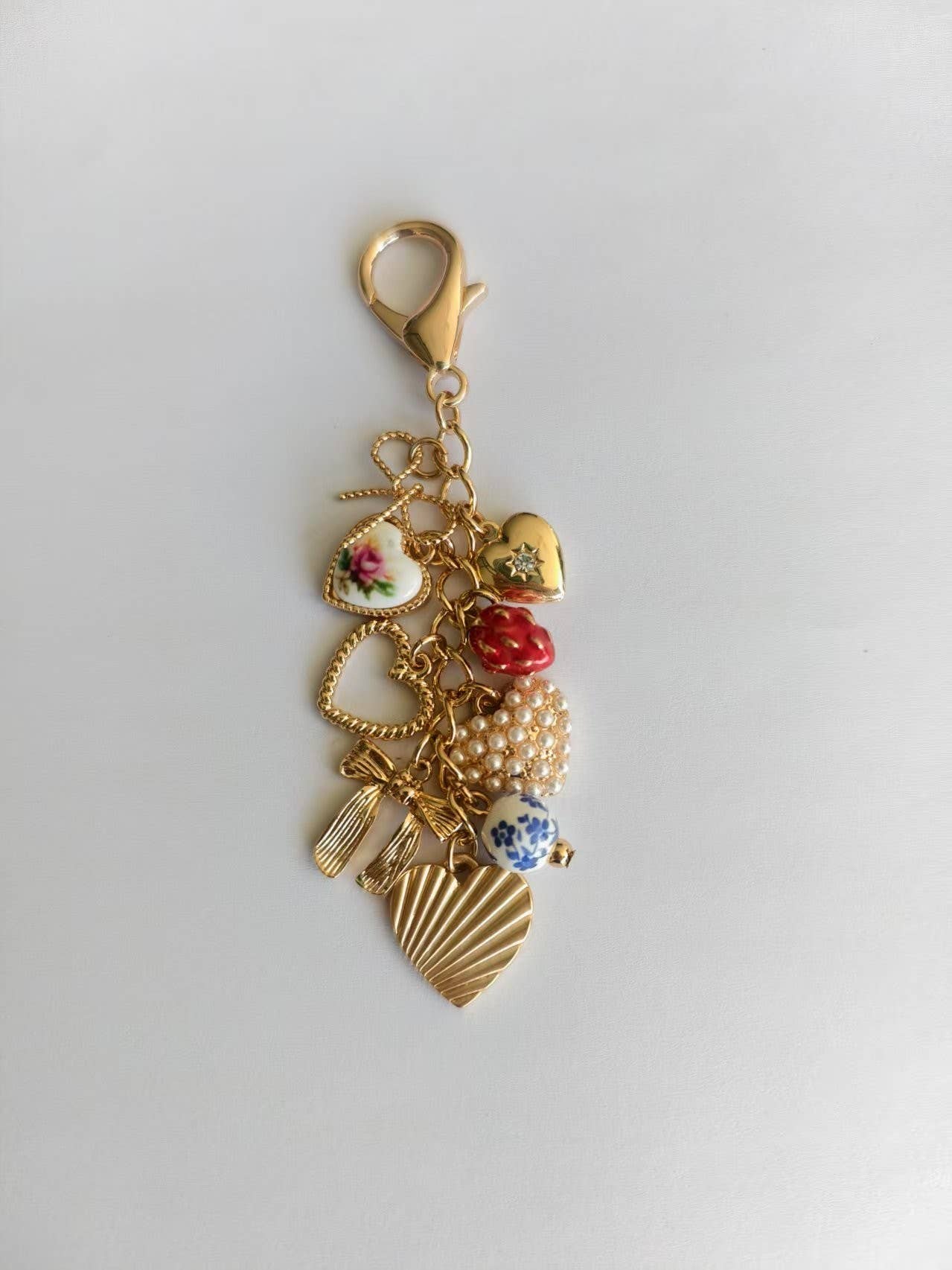 Porcelain Bows Hearts Pearl Strawberry Bag Charm - Nifty Decor & More