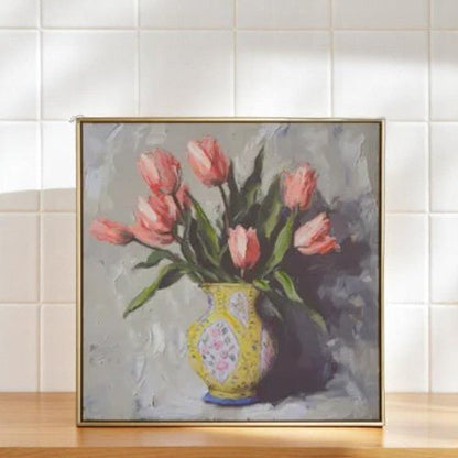 Potted Tulips Framed Wall Art 23.5" in Yellow or Pink Vase, Vibrant Floral Home Decor, Perfect Spring or Elegant Home Decoration Floral Wall Art