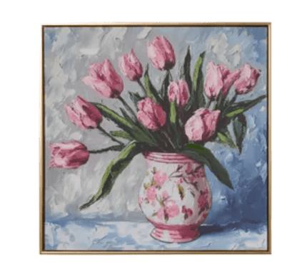 Potted Tulips Framed Wall Art 23.5" in Yellow or Pink Vase, Vibrant Floral Home Decor, Perfect Spring or Elegant Home Decoration Floral Wall Art Pink Vase