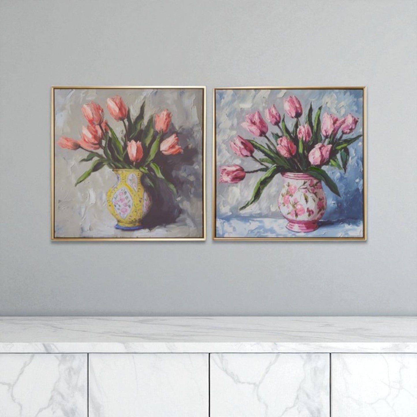 Potted Tulips Framed Wall Art 23.5" in Yellow or Pink Vase, Vibrant Floral Home Decor, Perfect Spring or Elegant Home Decoration - Nifty Decor & More