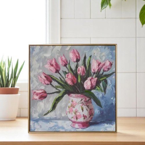 Potted Tulips Framed Wall Art 23.5" in Yellow or Pink Vase, Vibrant Floral Home Decor, Perfect Spring or Elegant Home Decoration - Nifty Decor & More