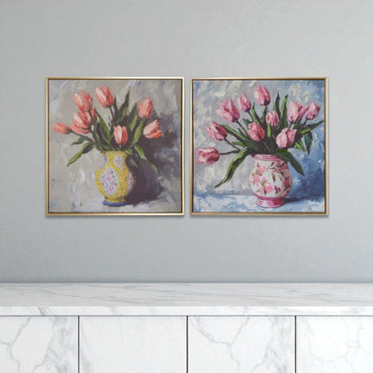 Potted Tulips Framed Wall Art 23.5" in Yellow or Pink Vase, Vibrant Floral Home Decor, Perfect Spring or Elegant Home Decoration Floral Wall Art