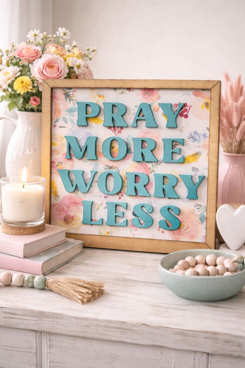 Pray More Worry Less Wood Sign, Floral Christian Wall Decor, Faith Home Decor, Inspirational Quote Sign, Christian Gift for Her Decorative Sign