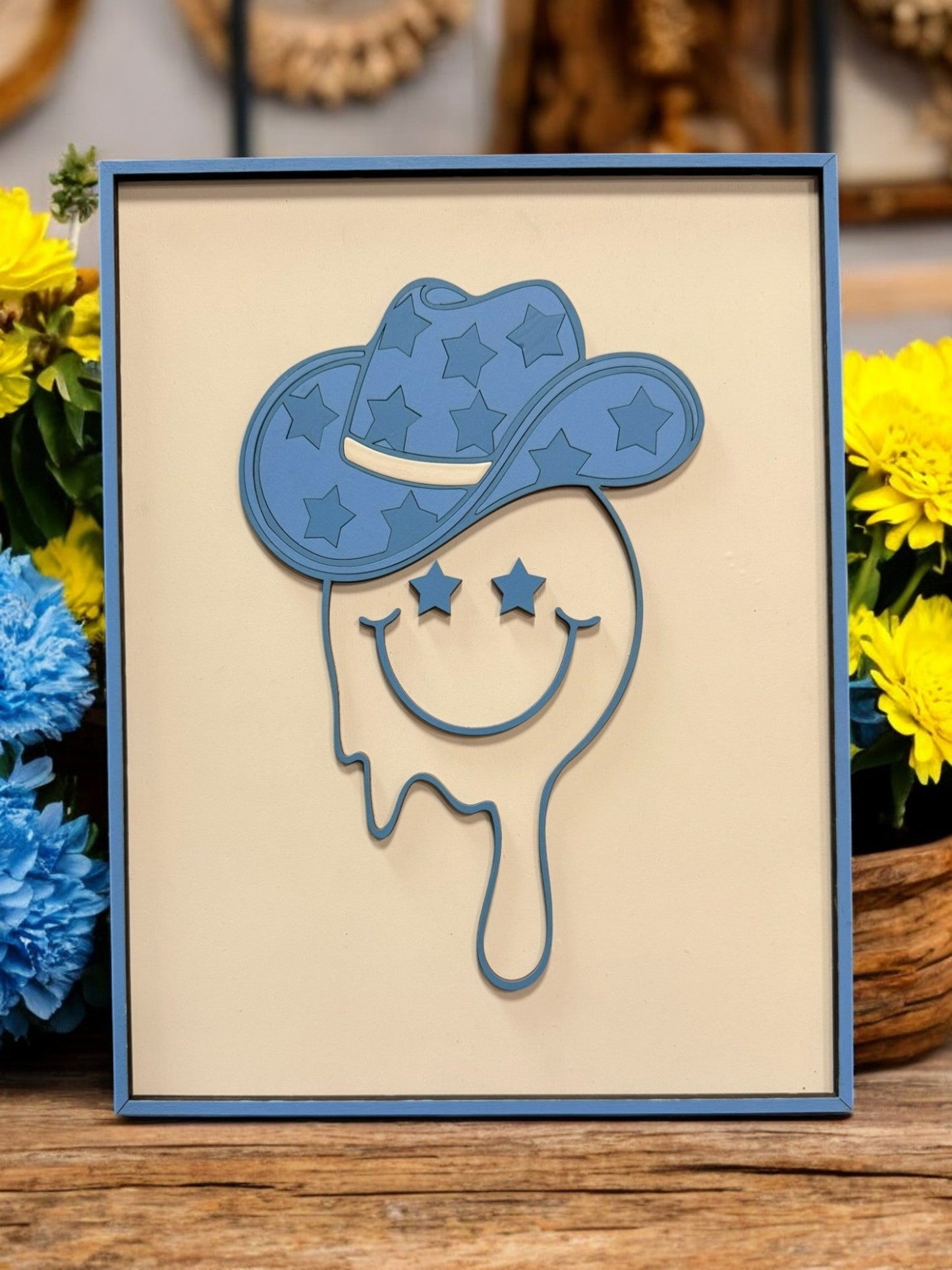 Preppy Blue Melting Smiley Face with Cowboy Hat & Stars - Cute Wall Art, Playful Decor, Happy Vibes for Home or Gift - Nifty Decor & More