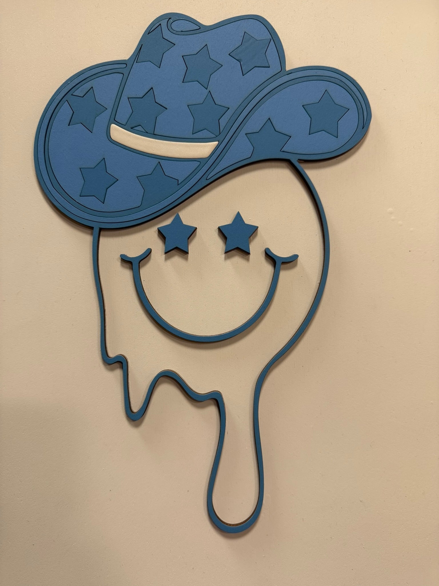 Preppy Blue Melting Smiley Face with Cowboy Hat & Stars - Cute Wall Art, Playful Decor, Happy Vibes for Home or Gift - Nifty Decor & More