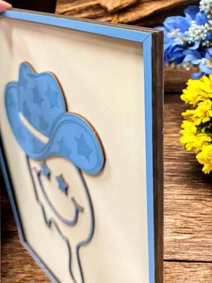 Preppy Blue Melting Smiley Face with Cowboy Hat & Stars - Cute Wall Art, Playful Decor, Happy Vibes for Home or Gift - Nifty Decor & More
