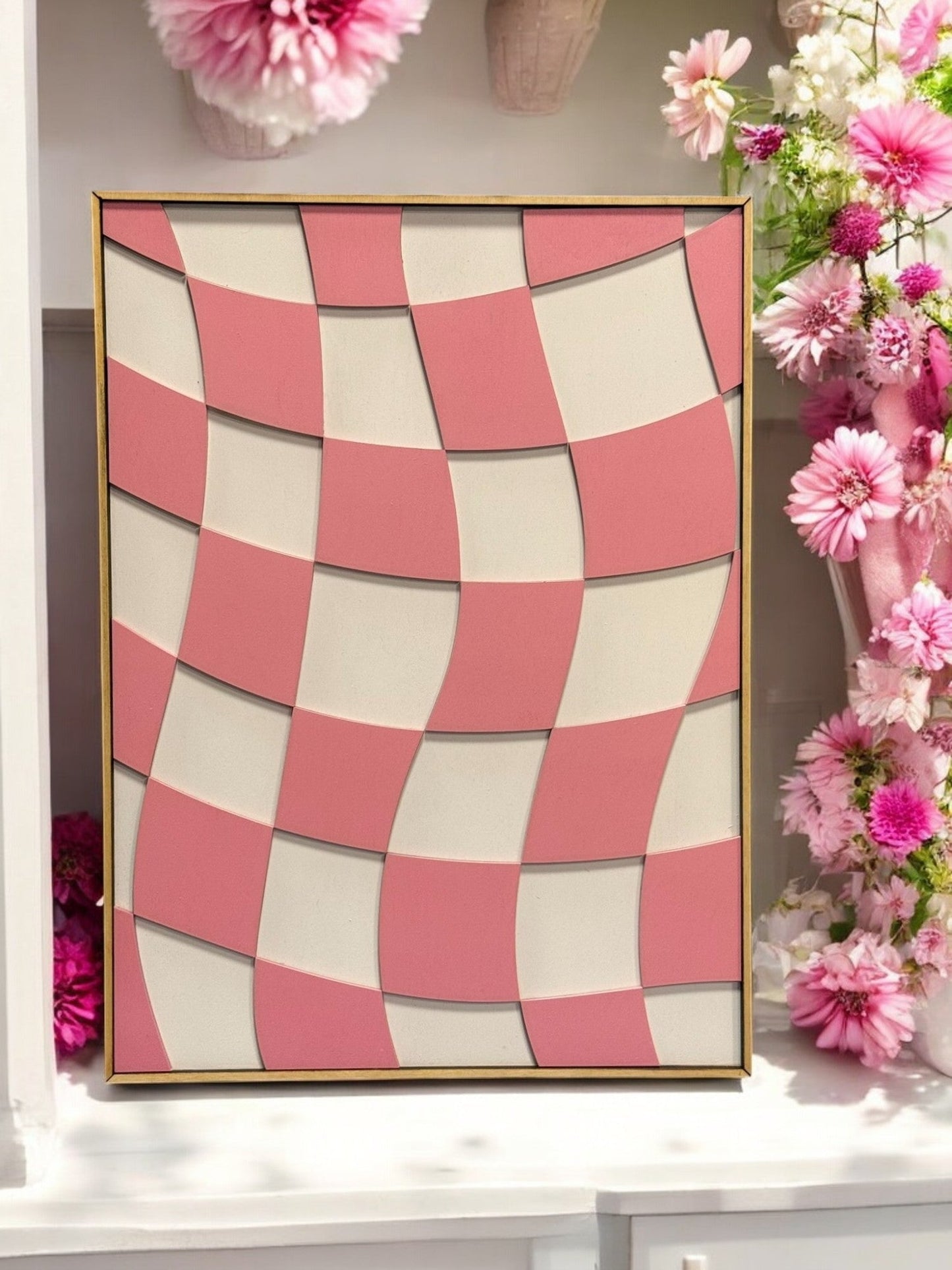 Preppy Pink Wall Art, Smiley Face & Heart Decor, Coquette Nursery Decor, Aesthetic Pink Checkered Wall Art for Girls Room - Nifty Decor & More
