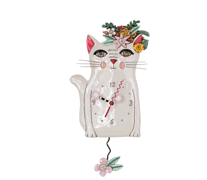 Pretty Kitty Whimsical White Cat Clock with Floral Crown - Nifty Decor & More