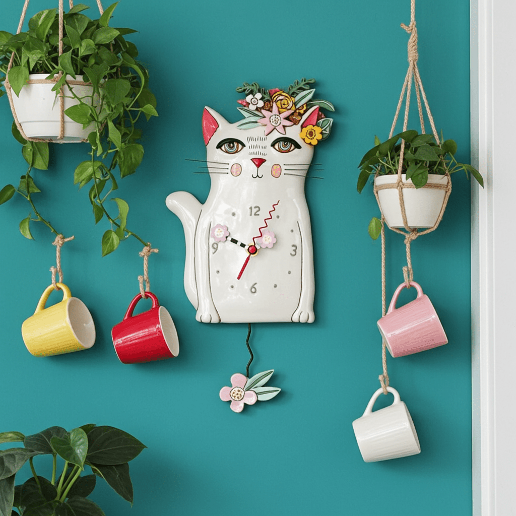 Pretty Kitty Whimsical White Cat Clock with Floral Crown - Nifty Decor & More
