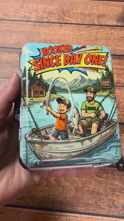 Ultimate Dad’s Mini Tackle Box – 204-Piece Fishing Gear Kit | UV 3D-Printed Comic Style | Portable Fishing Accessories Organizer for Bass, Trout & Crappie