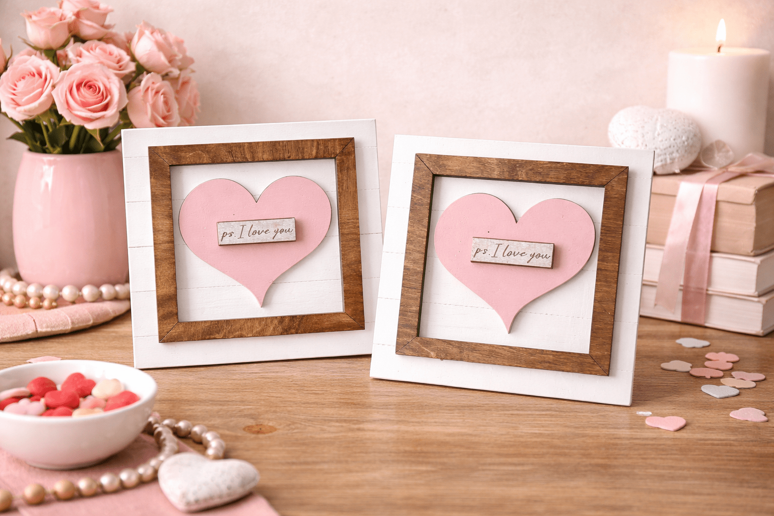 P.S. I Love You Sign, Valentine Wood Sign, Heart Wall Decor, Farmhouse Love Sign, Romantic Home Decor, Anniversary Gift, Pink Heart Sign - Nifty Decor & More