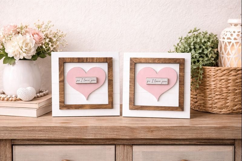 P.S. I Love You Sign, Valentine Wood Sign, Heart Wall Decor, Farmhouse Love Sign, Romantic Home Decor, Anniversary Gift, Pink Heart Sign - Nifty Decor & More