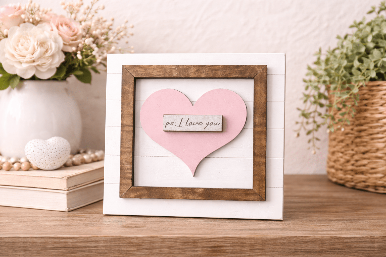 P.S. I Love You Sign, Valentine Wood Sign, Heart Wall Decor, Farmhouse Love Sign, Romantic Home Decor, Anniversary Gift, Pink Heart Sign - Nifty Decor & More