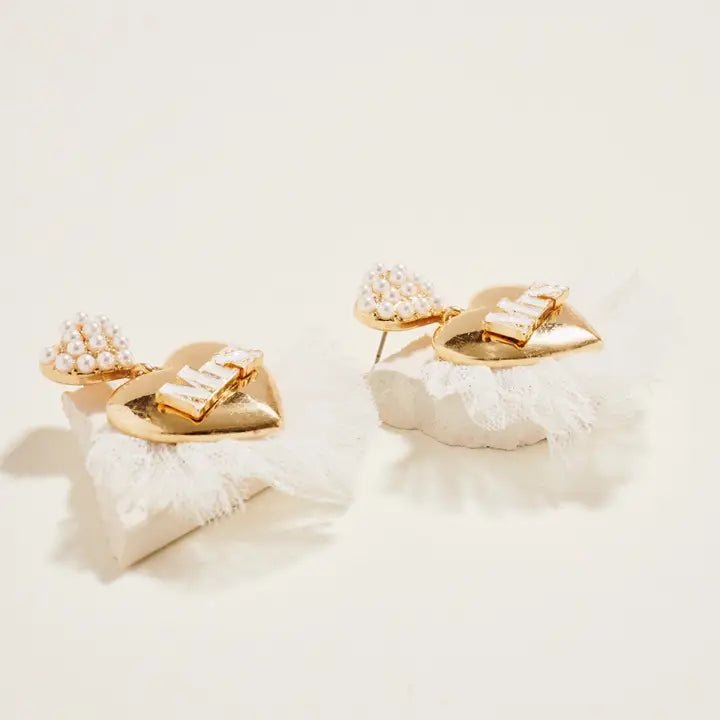 Puffy Heart Mrs Wedding Pearl Pendant Earrings - Nifty Decor & More