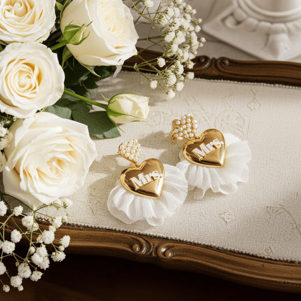 Puffy Heart Mrs Wedding Pearl Pendant Earrings - Nifty Decor & More