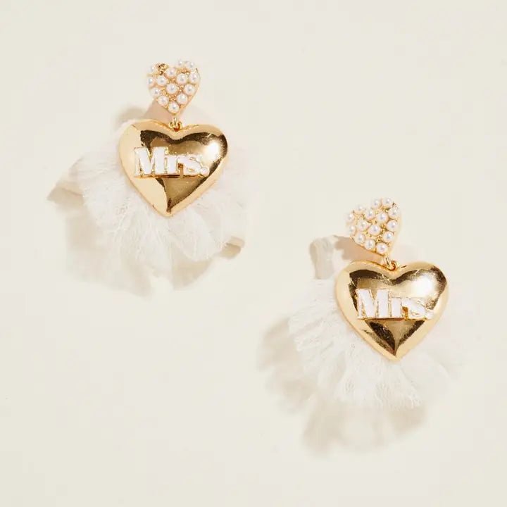 Puffy Heart Mrs Wedding Pearl Pendant Earrings - Nifty Decor & More