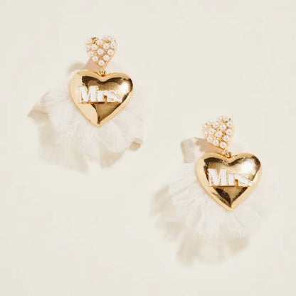 Puffy Heart Mrs Wedding Pearl Pendant Earrings - Nifty Decor & More