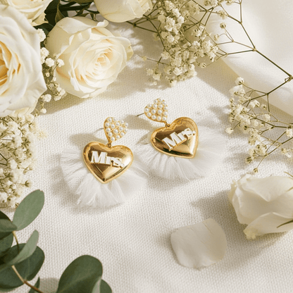 Puffy Heart Mrs Wedding Pearl Pendant Earrings - Nifty Decor & More