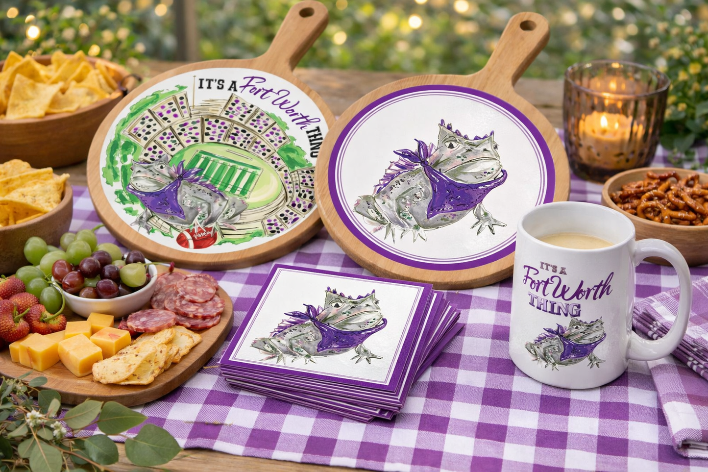 Purple Horned Frog Collegiate Bamboo & Ceramic Cheese Board - Nifty Decor & More