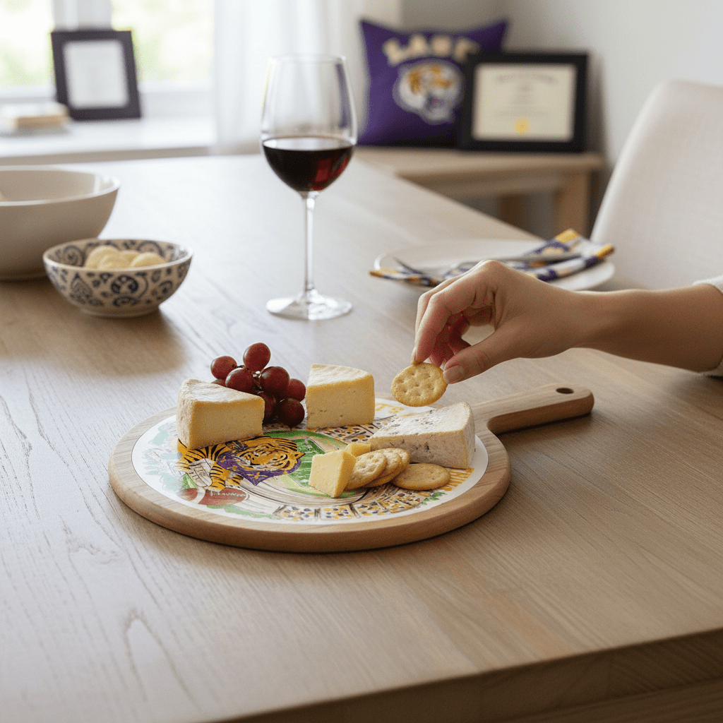 Purple Prowling Tiger Stadium Bamboo & Ceramic Cheese Board - Nifty Decor & More