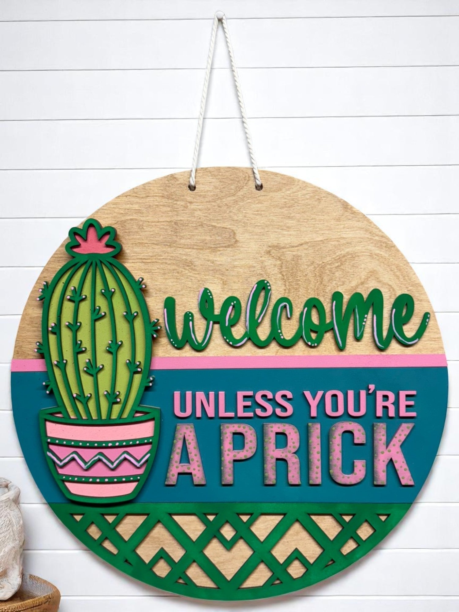 Quirky Cactus Welcome Sign, Humorous welcome sign , colorful cactus wall art in green, pink and blue, fun home gift - Nifty Decor & More