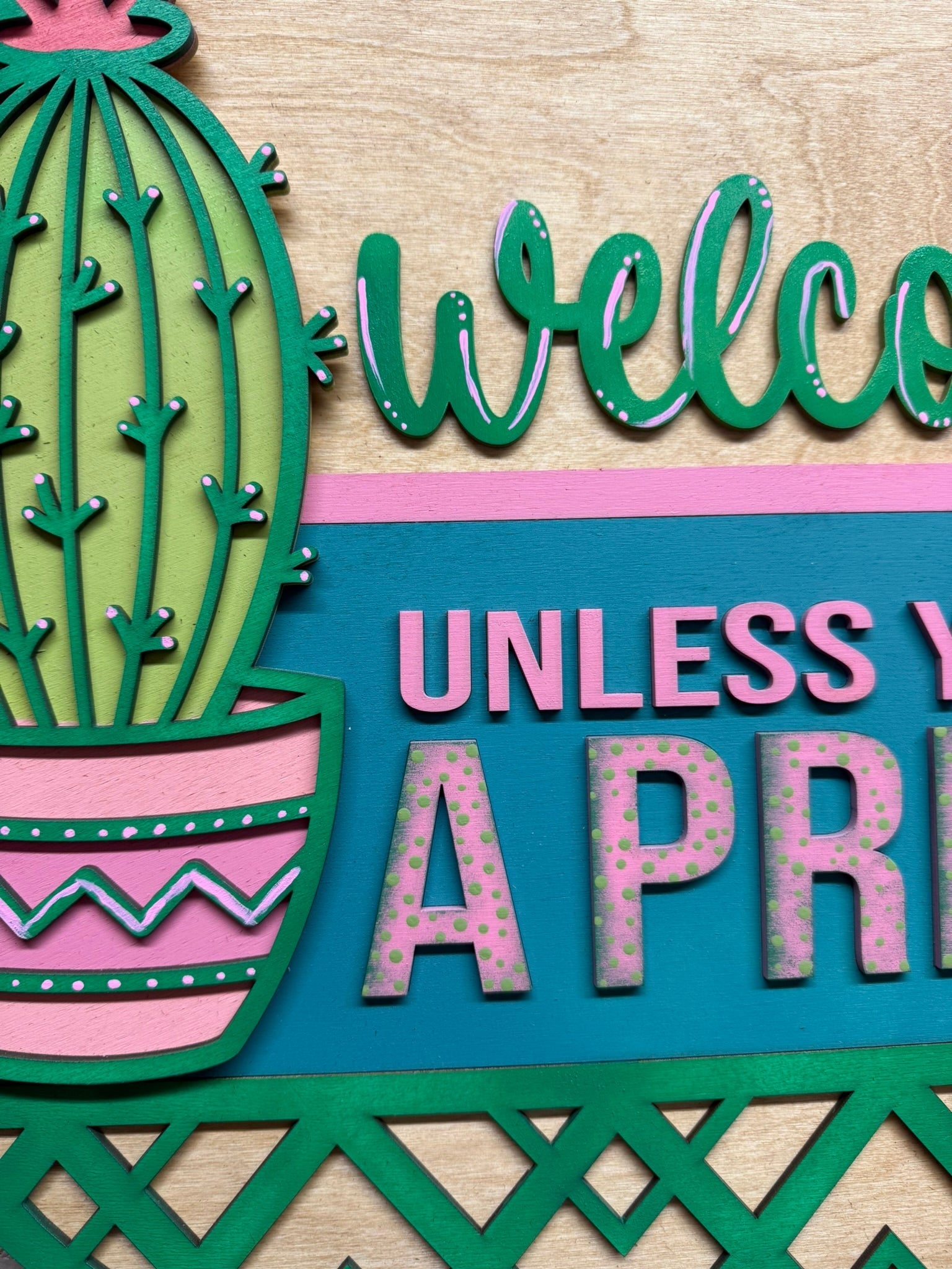 Quirky Cactus Welcome Sign, Humorous welcome sign , colorful cactus wall art in green, pink and blue, fun home gift - Nifty Decor & More