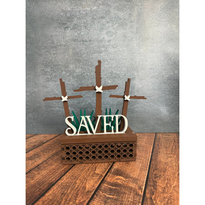 Rattan Saved Shelf Sitter with Hidden Storage Easter Cross Decor Christian Religious Wood Sign - Nifty Decor & More