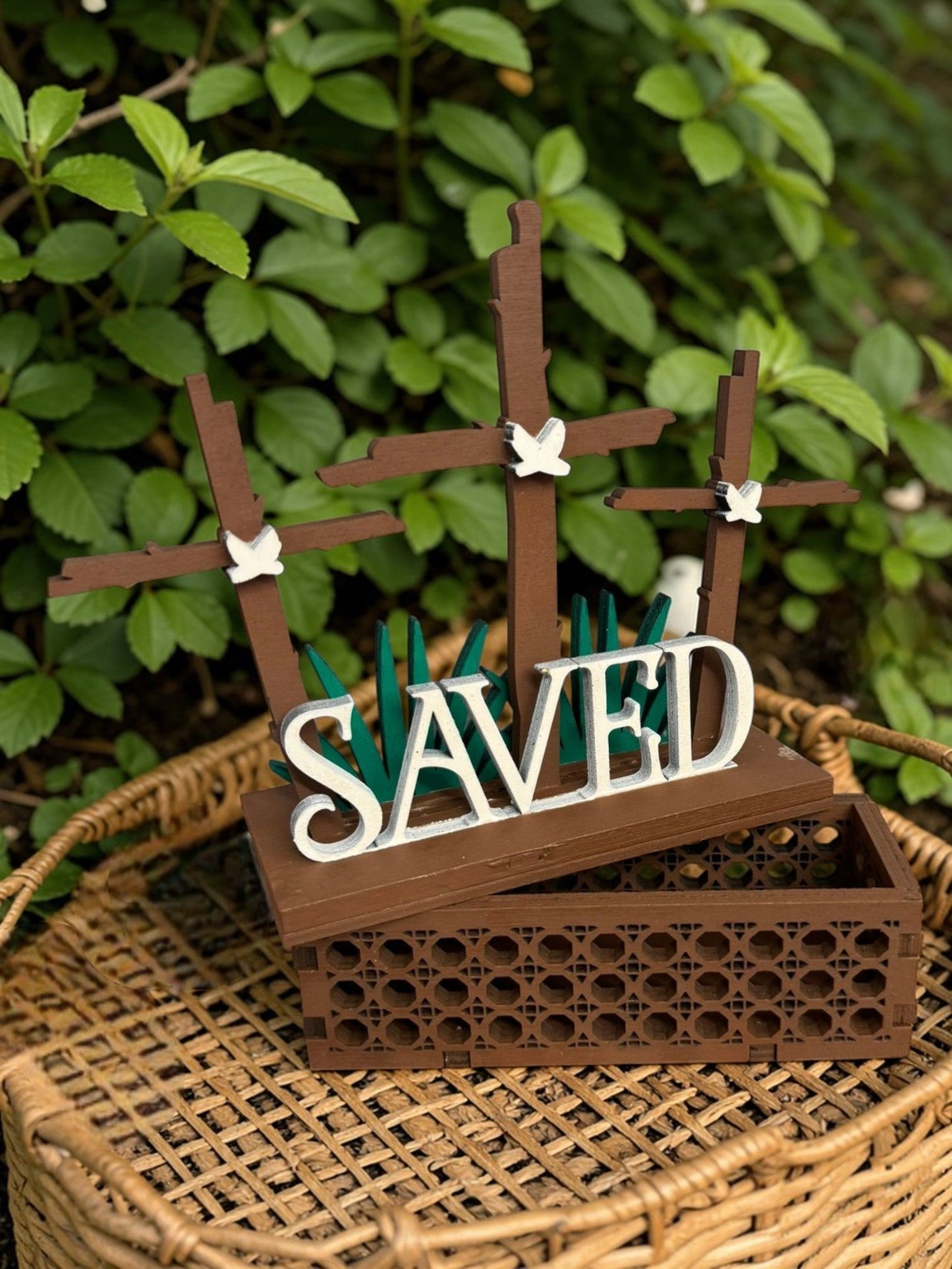 Rattan Saved Shelf Sitter with Hidden Storage Easter Cross Decor Christian Religious Wood Sign - Nifty Decor & More