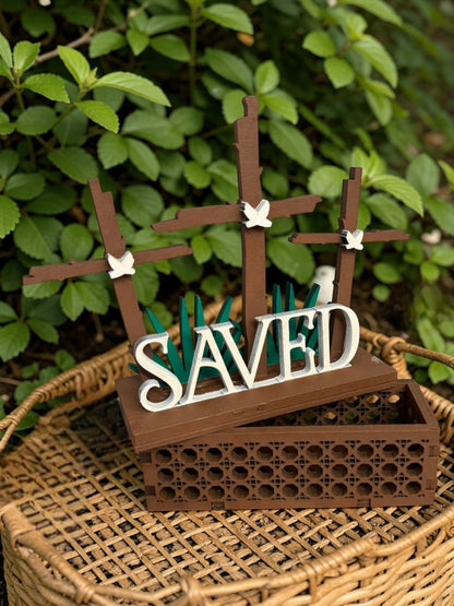 Rattan Saved Shelf Sitter with Hidden Storage Easter Cross Decor Christian Religious Wood Sign - Nifty Decor & More