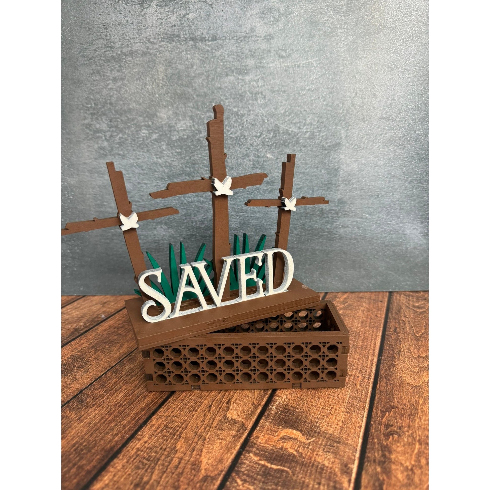 Rattan Saved Shelf Sitter with Hidden Storage Easter Cross Decor Christian Religious Wood Sign - Nifty Decor & More