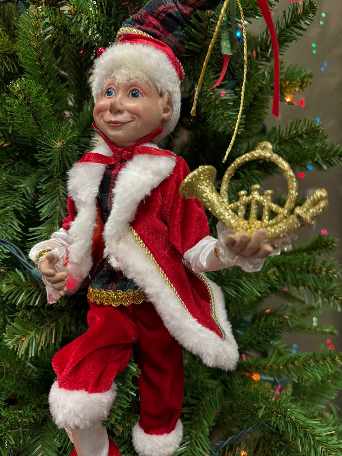 RAZ - 16" Christmas Music Elf, Posable Holiday Decor, Festive Elf with Plaid, Whimsical Christmas Decoration