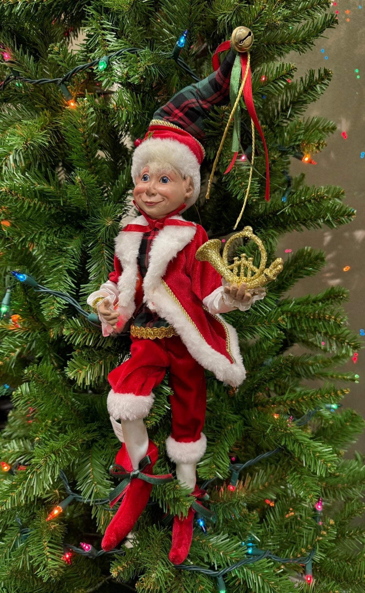 RAZ - 16" Christmas Music Elf, Posable Holiday Decor, Festive Elf with Plaid, Whimsical Christmas Decoration
