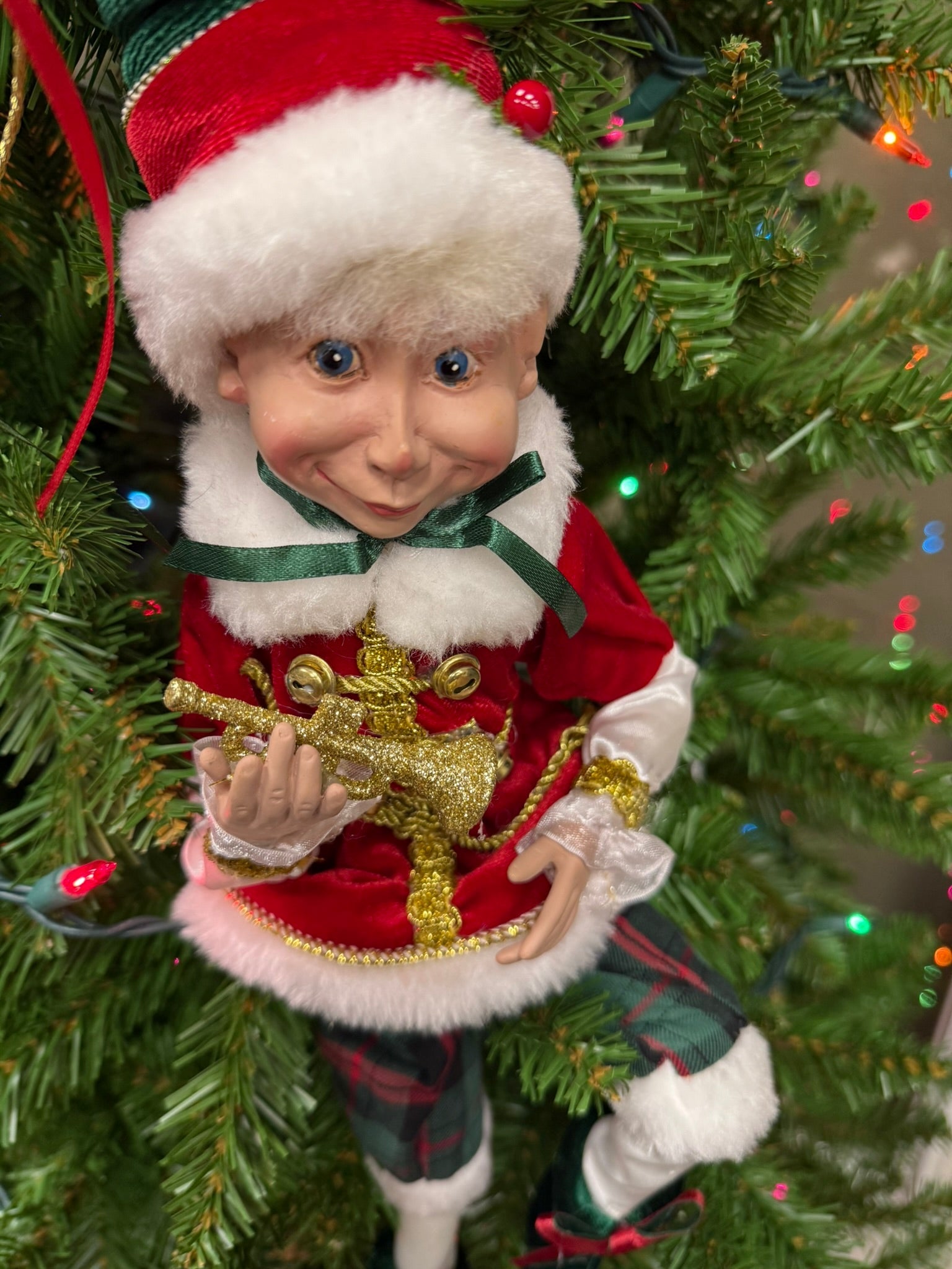 RAZ - 16" Christmas Music Elf, Posable Holiday Decor, Festive Elf with Plaid, Whimsical Christmas Decoration