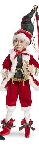 RAZ - 16" Christmas Music Elf, Posable Holiday Decor, Festive Elf with Plaid, Whimsical Christmas Decoration French Horn