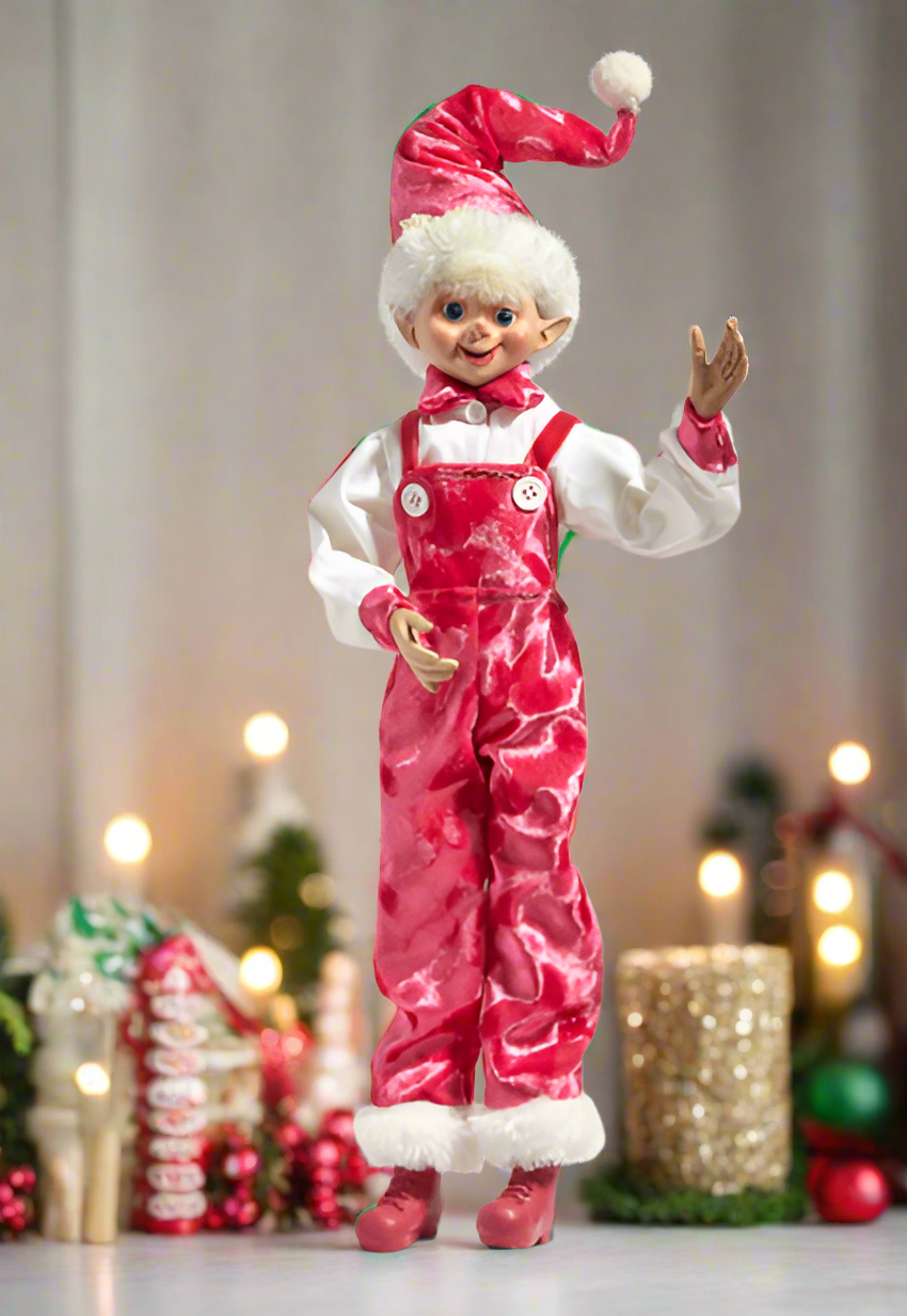 RAZ - 16" Pink Velvet Overall Elf - Nifty Decor & More