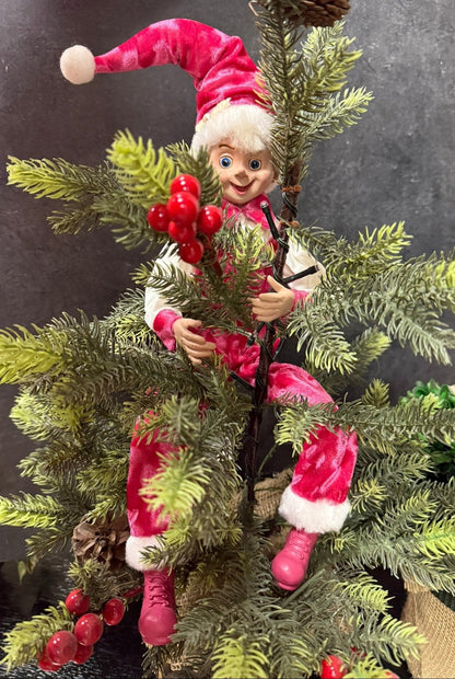 RAZ - 16" Pink Velvet Overall Elf - Nifty Decor & More
