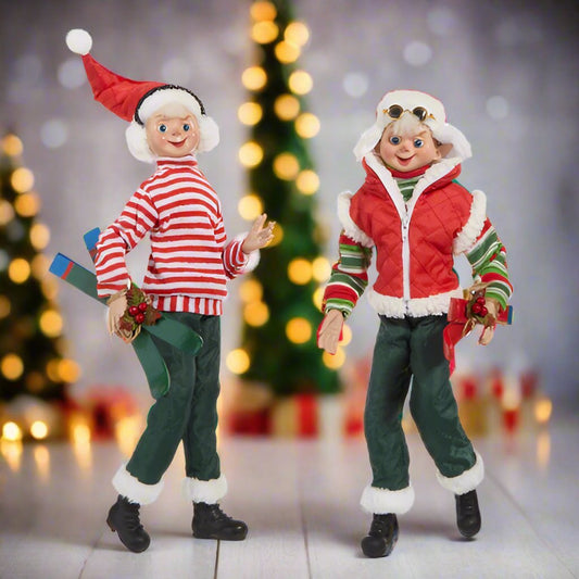RAZ 16" Skiing Elf - Posable Christmas Decor, Holiday Figurine, Cute Winter Decoration, Festive Elf Decor - Nifty Decor & More