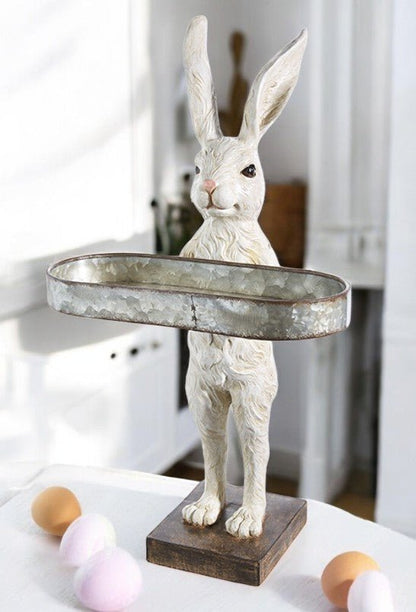 18.25" Rabbit with Tray - Easter Decor, Spring Holiday Display, Cute Bunny Figurine for Home, Garden & Gift Table decor