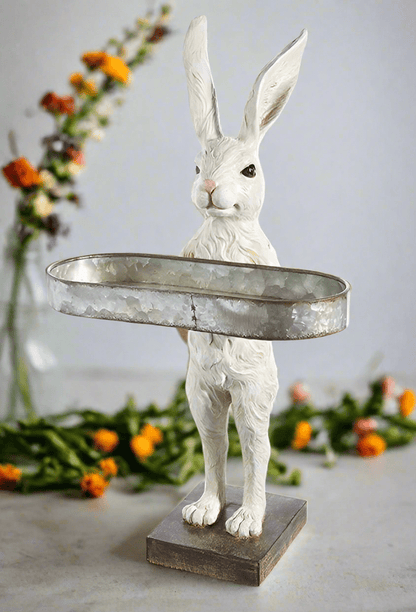 18.25" Rabbit with Tray - Easter Decor, Spring Holiday Display, Cute Bunny Figurine for Home, Garden & Gift Table decor