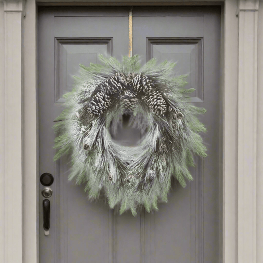 RAZ - 26" Snowy Long Needle Pine and Pinecone Wreath - Nifty Decor & More