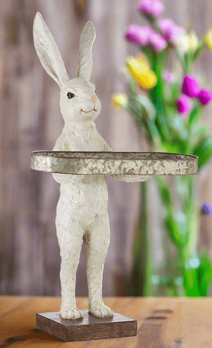 28" Rabbit with Tray | Spring Home Decor | Cute Bunny Figurine for Easter & Spring | Seasonal Decorative Accent Table decor