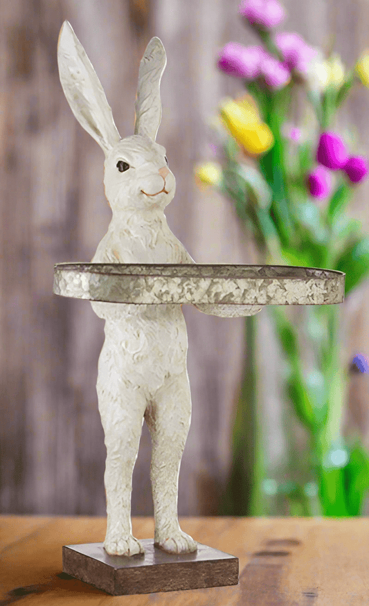 RAZ - 28" Rabbit with Tray | Spring Home Decor | Cute Bunny Figurine for Easter & Spring | Seasonal Decorative Accent Table decor