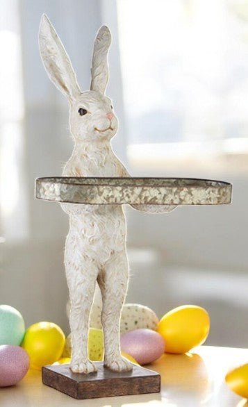 28" Rabbit with Tray | Spring Home Decor | Cute Bunny Figurine for Easter & Spring | Seasonal Decorative Accent Table decor