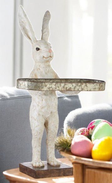 28" Rabbit with Tray | Spring Home Decor | Cute Bunny Figurine for Easter & Spring | Seasonal Decorative Accent Table decor