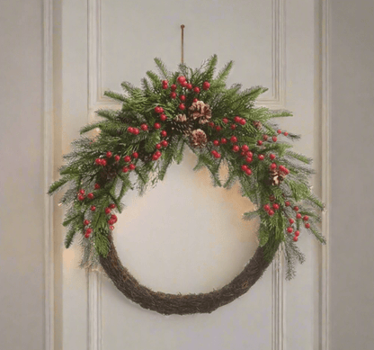 30" Red Berry and Pinecone Mixed Greenery Half Wreath Christmas Wreath