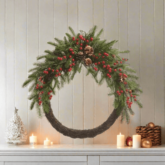 RAZ - 30" Red Berry and Pinecone Mixed Greenery Half Wreath - Nifty Decor & More